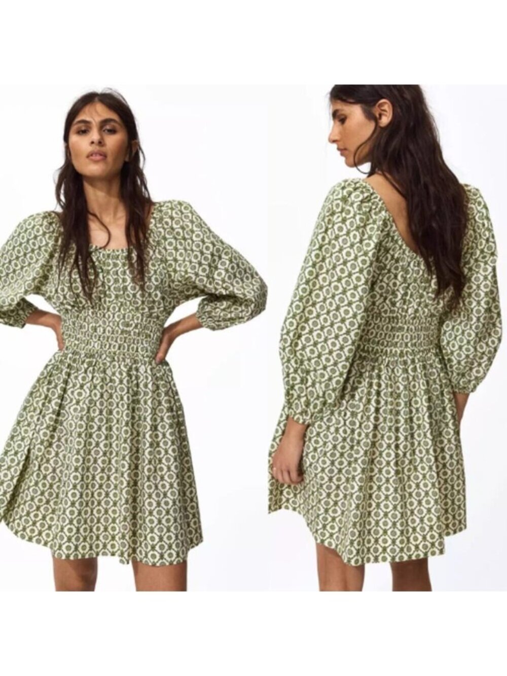 NWT H&M Geometric Pattern Smocked Waist Belle Sleeve Dress Mini Green Size: S